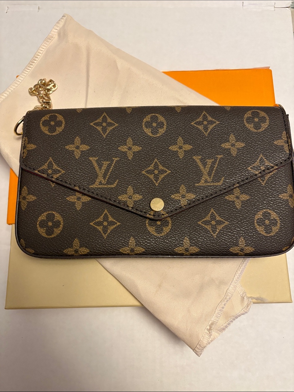 Monogram Envelope Clutch in Brown with Gold Chain